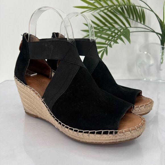 Gentle Souls Women's Colleen Sandal 8.5 Espadrille Wedge Cross Strap Black Suede - Picture 1 of 15